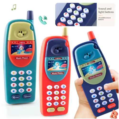 صورة لعب ألعاب الهاتف للأطفال، محاكاة الموسيقى الممتعة لإضاءة الهاتف المحمول، لعبة الهاتف المحمول يمكن اختيار 4 ألوان باستثناء البطاريات