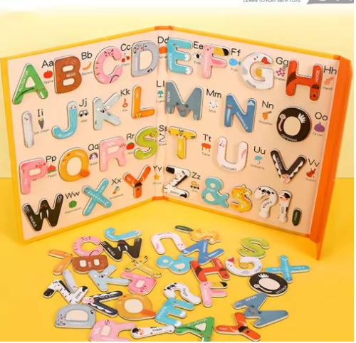 صورة مونتيسوري خشبية 26 قطعة المغناطيسي الإنجليزية رسائل مجلس لعبة الحروف الهجائية لغات كتاب تعلم لعبة تعليمية للأطفال الهدايا