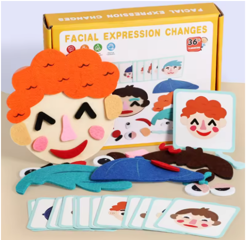صورة لعبة مونتيسوري لتعبير الوجه للأطفال ألعاب التغيير العاطفي مع 9 قطع بطاقات ألعاب تعليمية لمرحلة ما قبل المدرسة