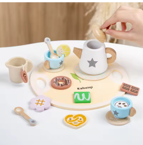 صورة طقم شاي خشبي للأطفال: بيت اللعب التظاهري، صنع الشاي، إبريق الشاي/فنجان الشاي، وجبة خفيفة بعد الظهر | هدية ألعاب لعب الأدوار للأولاد والبنات
