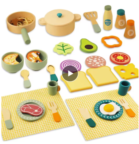 صورة ألعاب المطبخ الخشبية مجموعة اللعب التظاهري قطع اللحوم والخضروات محاكاة المطبخ مسرح لعبة مونتيسوري ألعاب تعليمية مبكرة