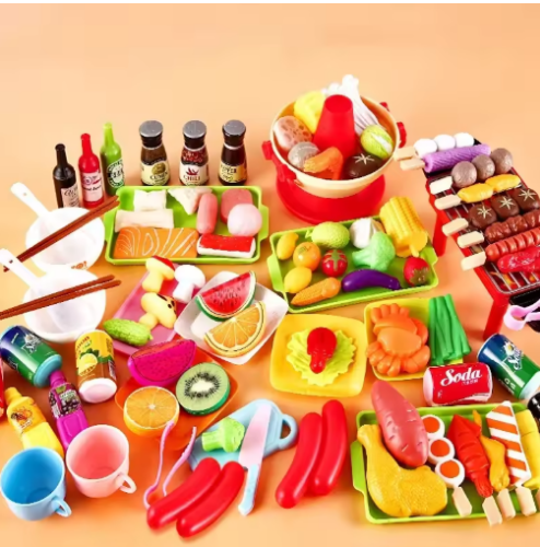 صورة مطبخ لعب التظاهر التعليمي للأطفال - مجموعات محاكاة طعام الخضروات والشواء والطبخ ألعاب منزلية تفاعلية للفتيات