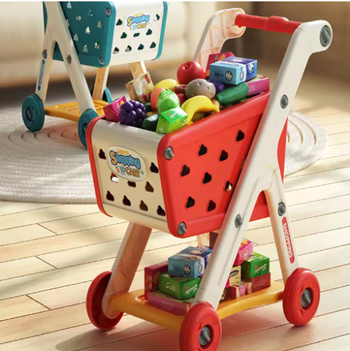 صورة عربة التسوق لعبة طفل عربة صغيرة الأطفال يلعبون منزل قطع الفاكهة الموسيقى المطبخ سوبر ماركت الرجال والفتيات ألعاب التعليم المبكر