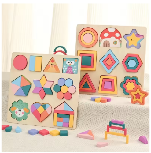 صورة الأطفال DIY بها بنفسك شكل هندسي اللون مطابقة لعبة لعب خشبية ثلاثية الأبعاد بازل قطع كتلة لصبي فتاة عيد الميلاد هدية عيد ميلاد