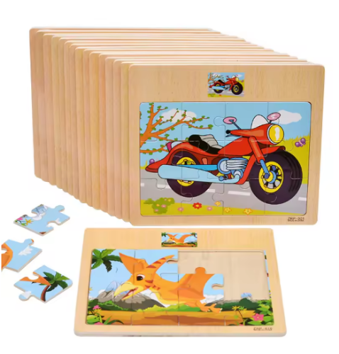 صورة 12 قطعة ألغاز خشبية ثلاثية الأبعاد للأطفال ألعاب أطفال تعليمية على شكل حيوانات ومرورات كرتونية للبيع بالجملة