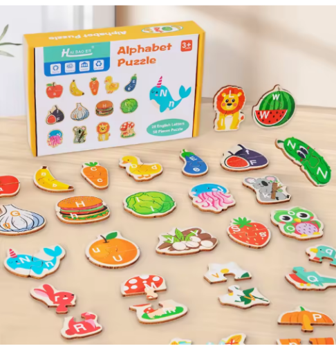 صورة أحجية أبجدية خشبية ثلاثية الأبعاد مونتيسوري للأطفال الصغار ، أحجية كرتونية ، بانوراما فواكه وخضروات ، ألعاب تعليمية مبكرة ، هدايا للأطفال