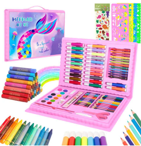 صورة مجموعة فنية للرسم مكونة من 100+: لوازم حرفية حورية البحر مع علامات قابلة للغسل - مجموعة فنية غير سامة لهدايا الأطفال الصغار من عمر 3 إلى 12 عامًا