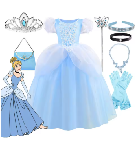 صورة فستان ديزني كلاسيكي سندريلا الفاخر من الدانتيل لحفلات أعياد الميلاد ولعب الأدوار الأميرة التظاهرية الخيالية غريس الكرة ثوب للطفل