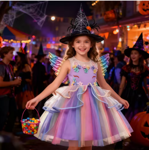 صورة حالمة فتاة التطريز بلا أكمام يونيكورن شبكة فستان الأميرة مع الشعر هوب الجناح للأطفال أداء الحفلات هدية عيد ميلاد 2-10T