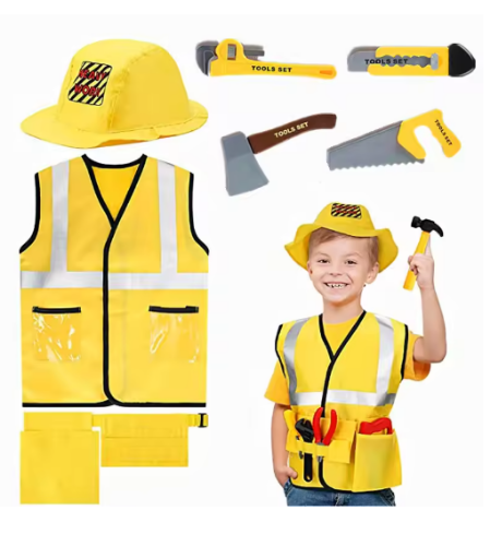 صورة سترة لطيفة لعامل البناء للأطفال الصغار مع خطوط عاكسة لعمال الصرف الصحي سترة صفراء للحفلات التنكرية