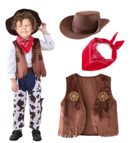 صورة 4 قطعة فستان رعاة البقر وتتسابق الدعاوى طفل الفتيان الملابس سترة وشاح السراويل القبعات للطفل بوريم هالوين كرنفال عيد ميلاد زي