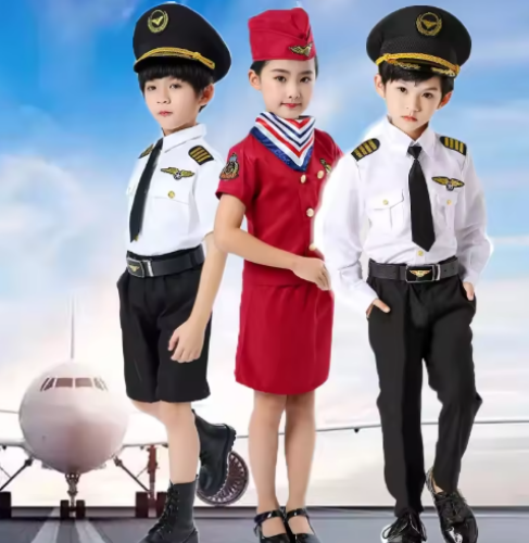 صورة Kids Air Force Pilot Uniform Cosplay Boys Girls Flight Attendant Costume Holiday Party Airplane Aircraft Pilot Show Outfits