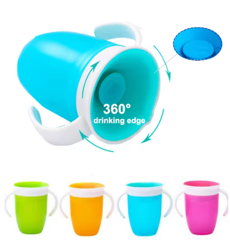 صورة أكواب مياه للأطفال تدور 360 درجة كوب شرب تعلم الطفل مع مقبض مزدوج غطاء الوجه مانعة للتسرب أكواب مياه للرضع زجاجة