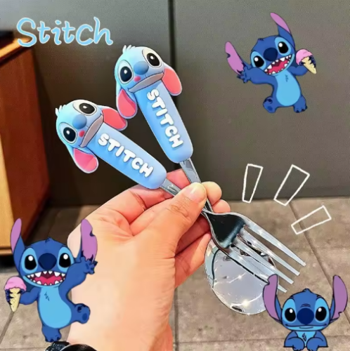 صورة 2 قطعة ديزني أنيمي غرزة الاطفال ملعقة شوكة الأطفال المحمولة مجموعة أدوات المائدة 304 لطيف غرزة ملعقة شوكة بنين بنات هدايا اللعب